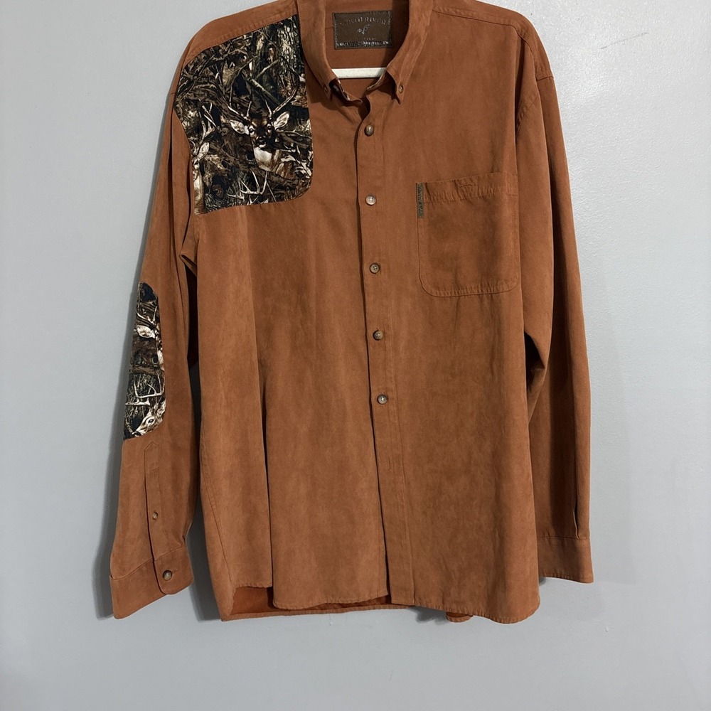North River Outfitters Men's Button Up Shirt Camo Elbow Patch Brown Size L